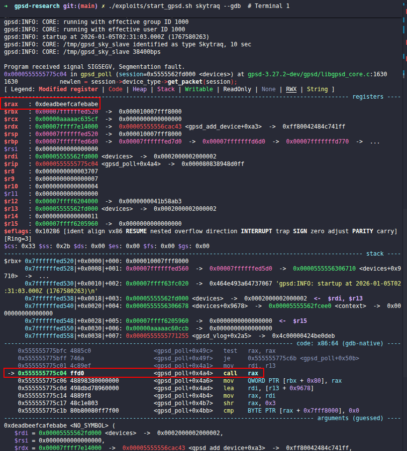 Debugger view of a GPSD Skytraq crash in a controlled lab, with a controlled register value reaching an indirect call.